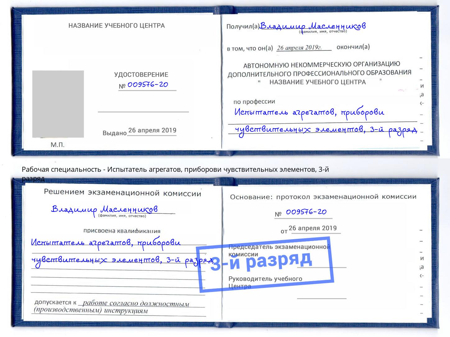 корочка 3-й разряд Испытатель агрегатов, приборови чувствительных элементов Торжок