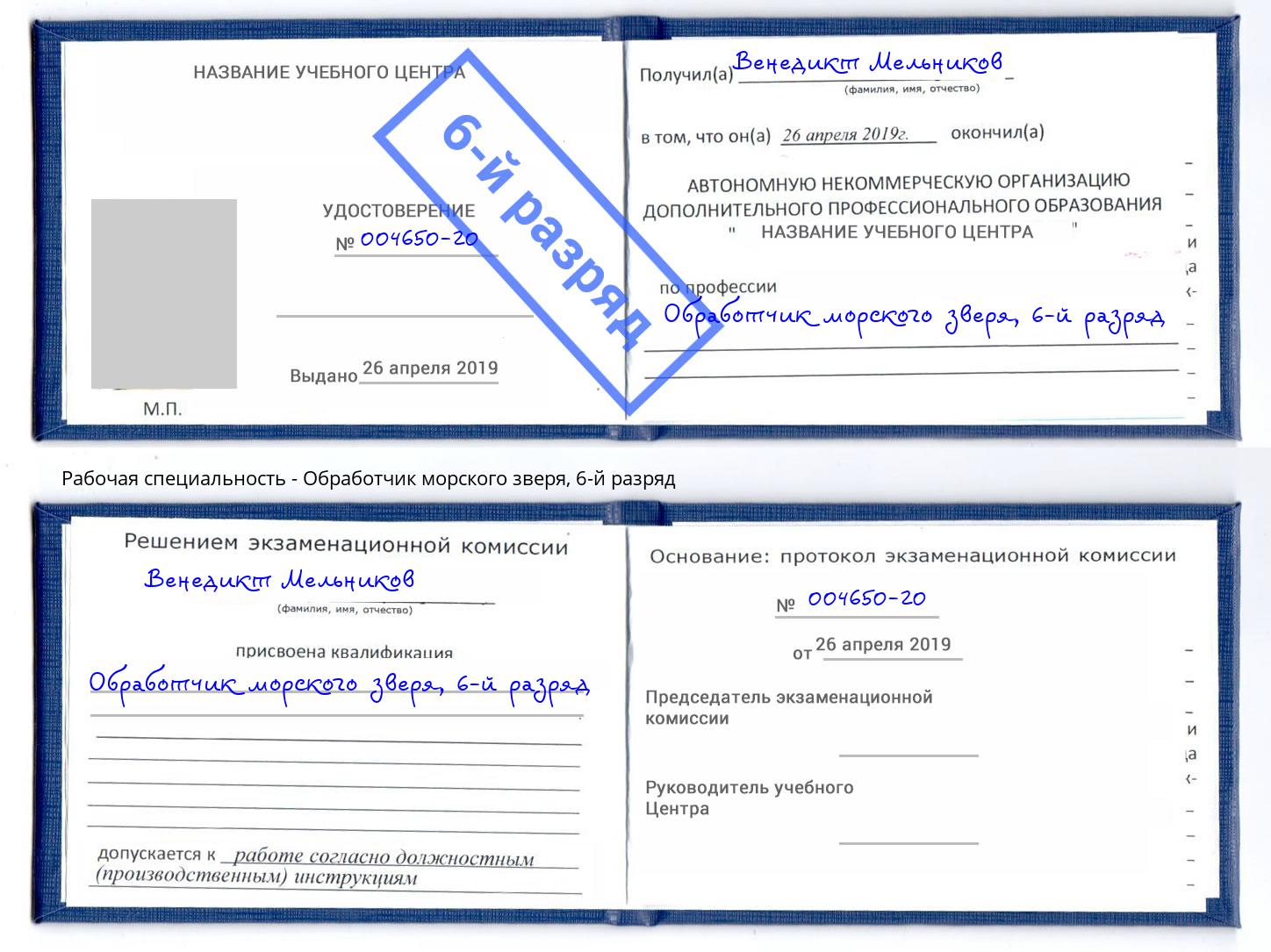 корочка 6-й разряд Обработчик морского зверя Торжок