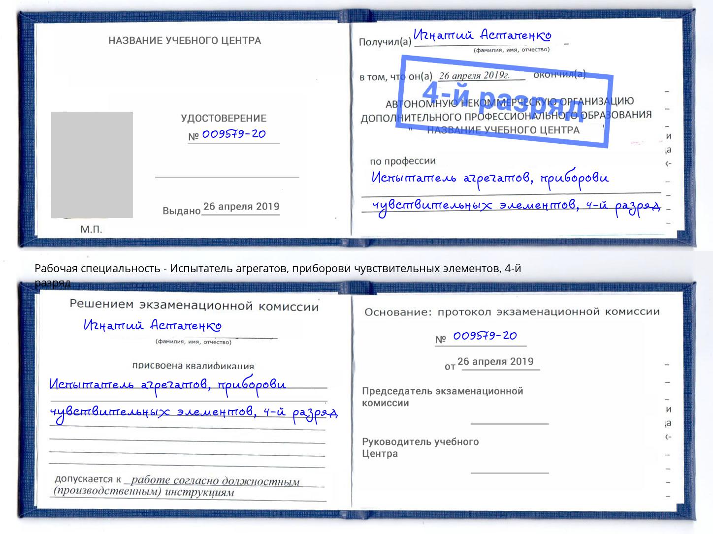 корочка 4-й разряд Испытатель агрегатов, приборови чувствительных элементов Торжок
