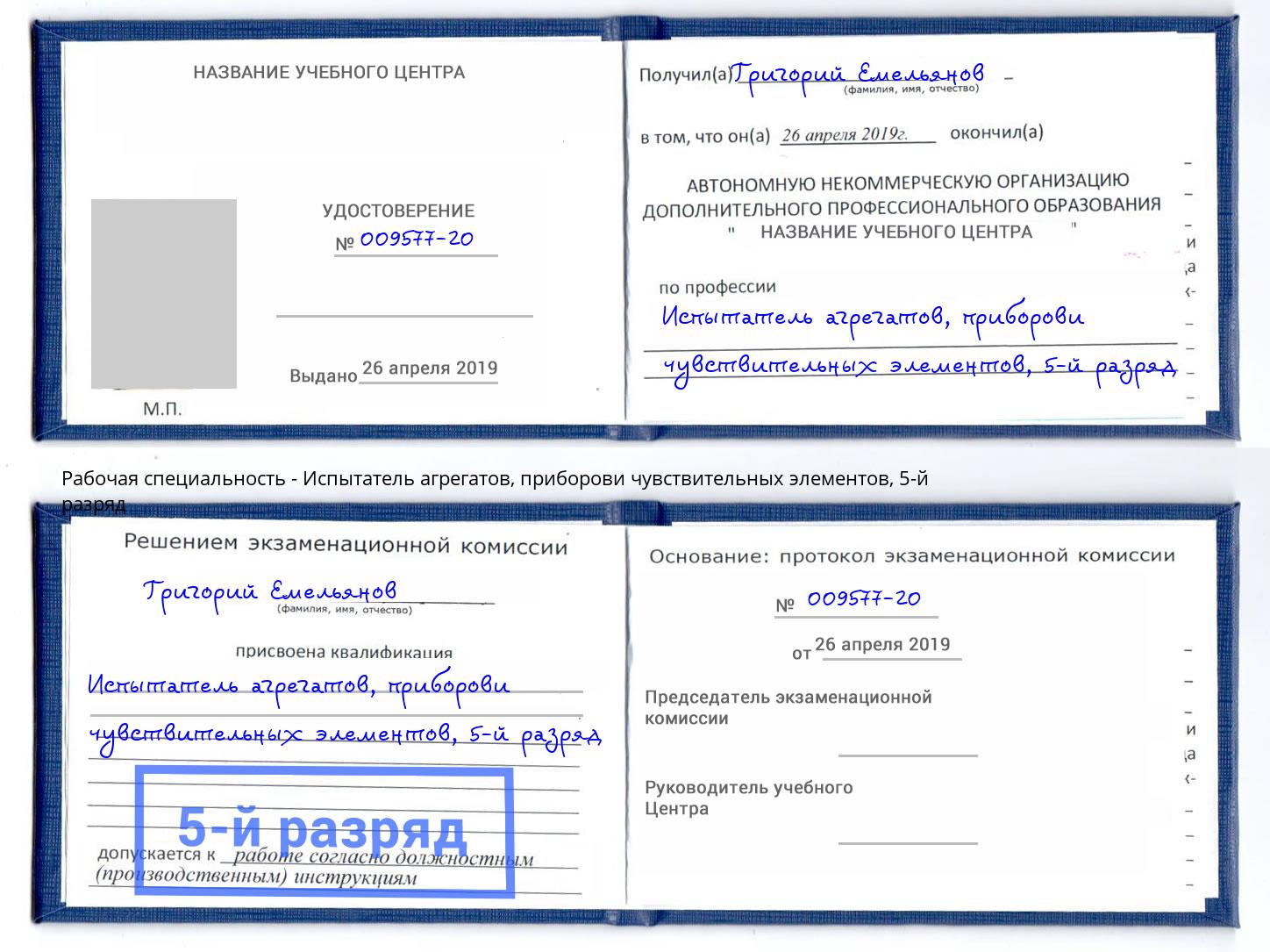 корочка 5-й разряд Испытатель агрегатов, приборови чувствительных элементов Торжок