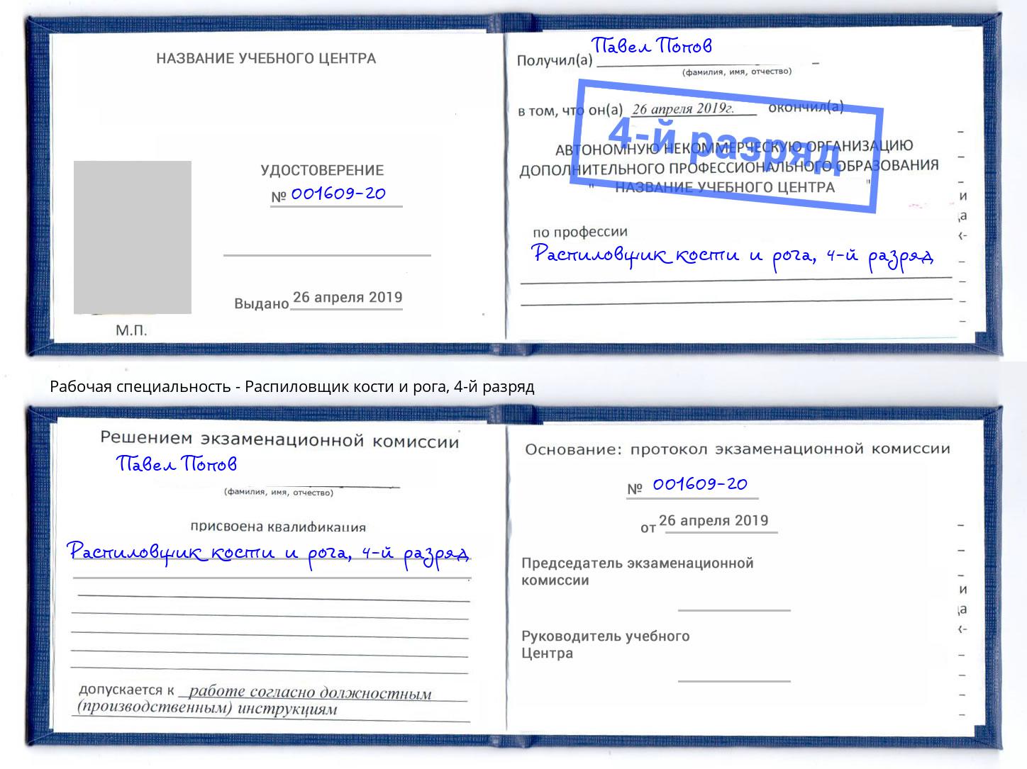 корочка 4-й разряд Распиловщик кости и рога Торжок