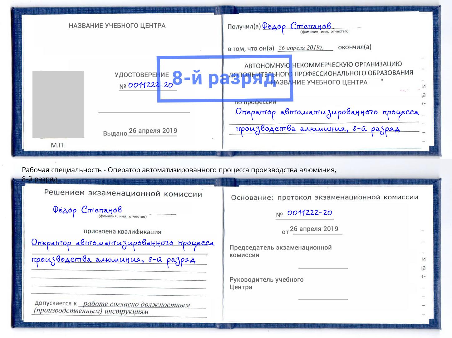 корочка 8-й разряд Оператор автоматизированного процесса производства алюминия Торжок